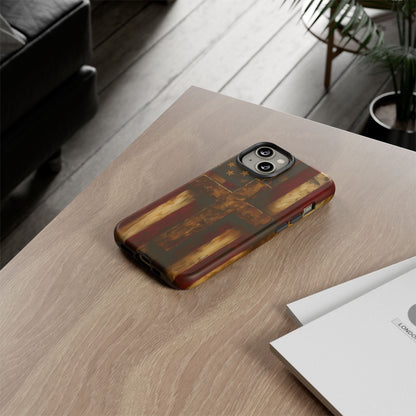 Forged in Faith Phone Case - Rustic Gold Cross &amp; American Flag | Patriotic Christian Case for iPhone, Samsung &amp; Pixel