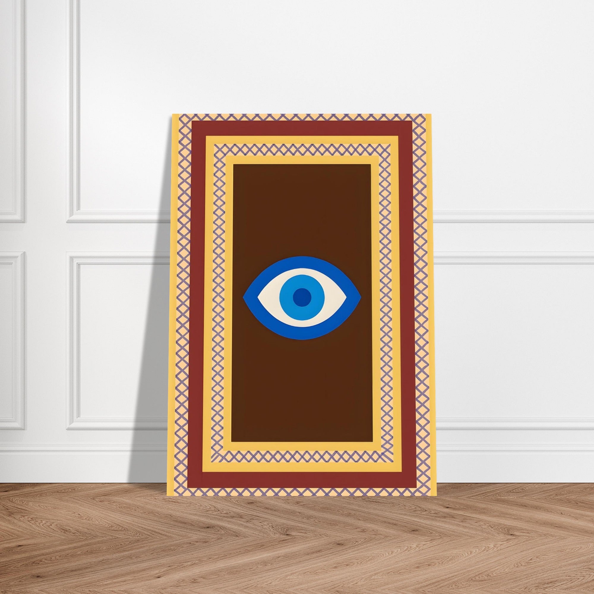 Azure Guardian – Evil Eye Folk Wall Art in Rich Earth Tones (A0, A1,A2, A3. A4 Poster) A3 (29.7 x 42 cm) Brown with Blue Eye