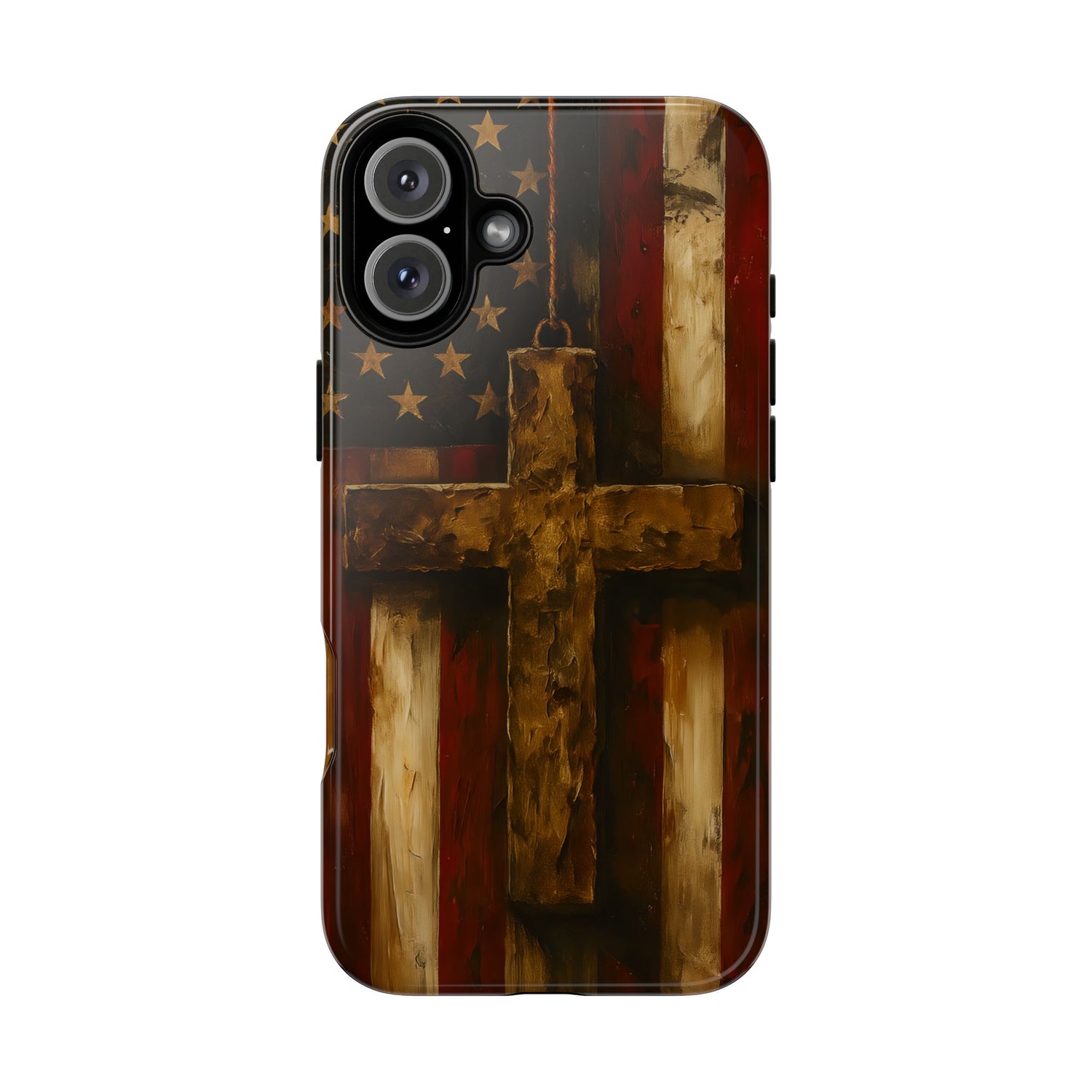 Forged in Faith Phone Case - Rustic Gold Cross &amp; American Flag | Patriotic Christian Case for iPhone, Samsung &amp; Pixel iPhone 16 Plus Glossy