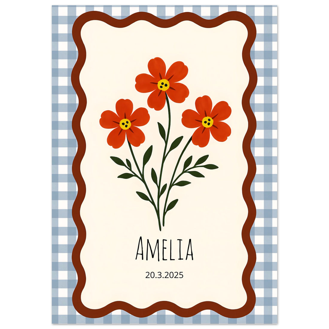 Personalized Nursery Poster – Red-Orange Floral Print, Gingham Nursery Print, Wall Art Decor A0 (84.1 x 118.9 cm)