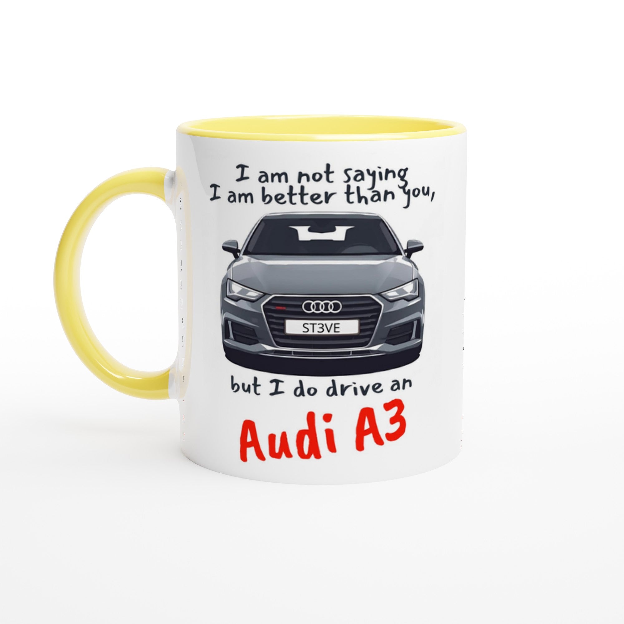 Funny Personalized Audi A3 Mug - 11oz Ceramic - Car Lovers Gift - Dishwasher &amp; Microwave Safe Ceramic Yellow