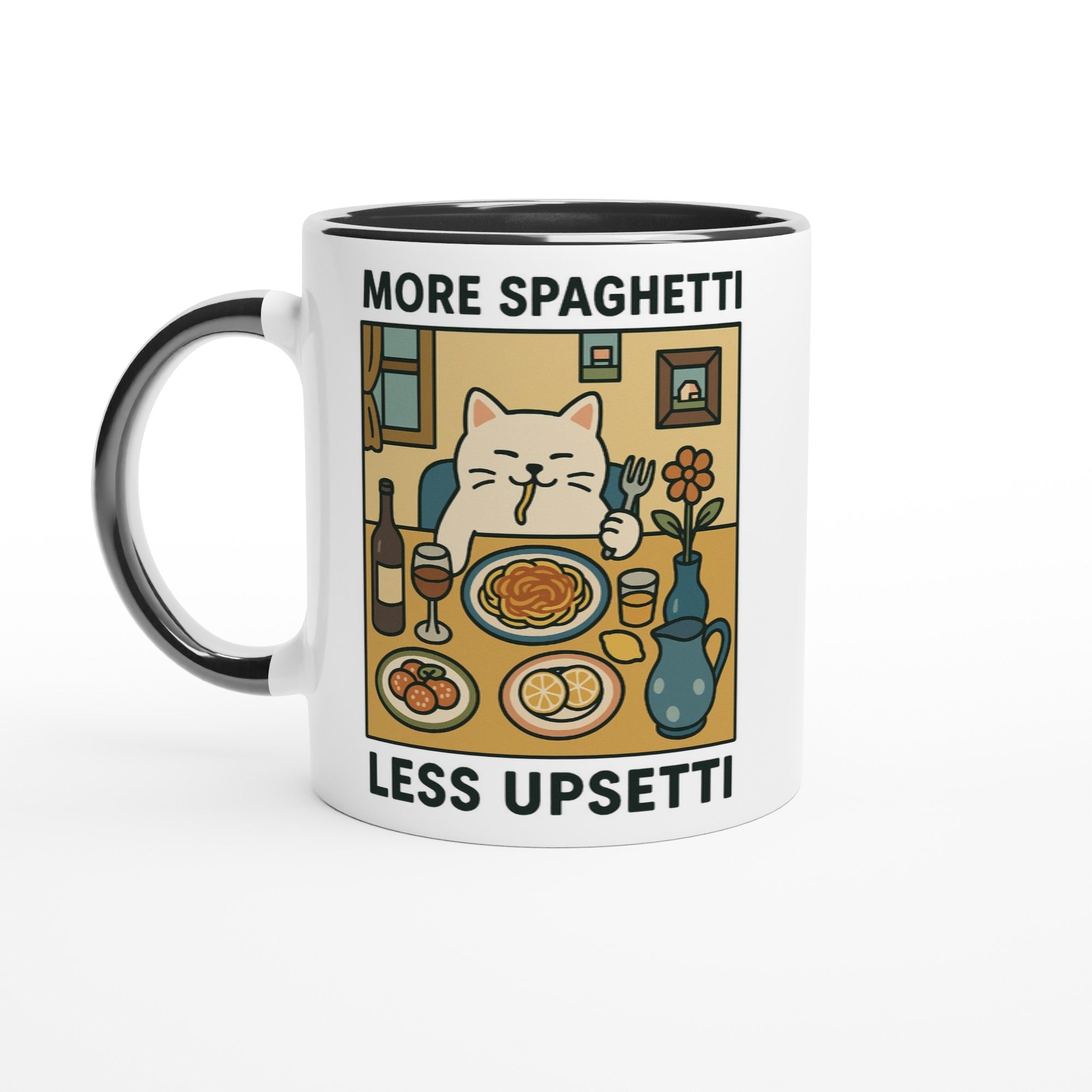 More Spaghetti Less Upsetti Mug - Cute Cat Lover Gift - 11oz Ceramic Cup for Coffee &amp; Tea
