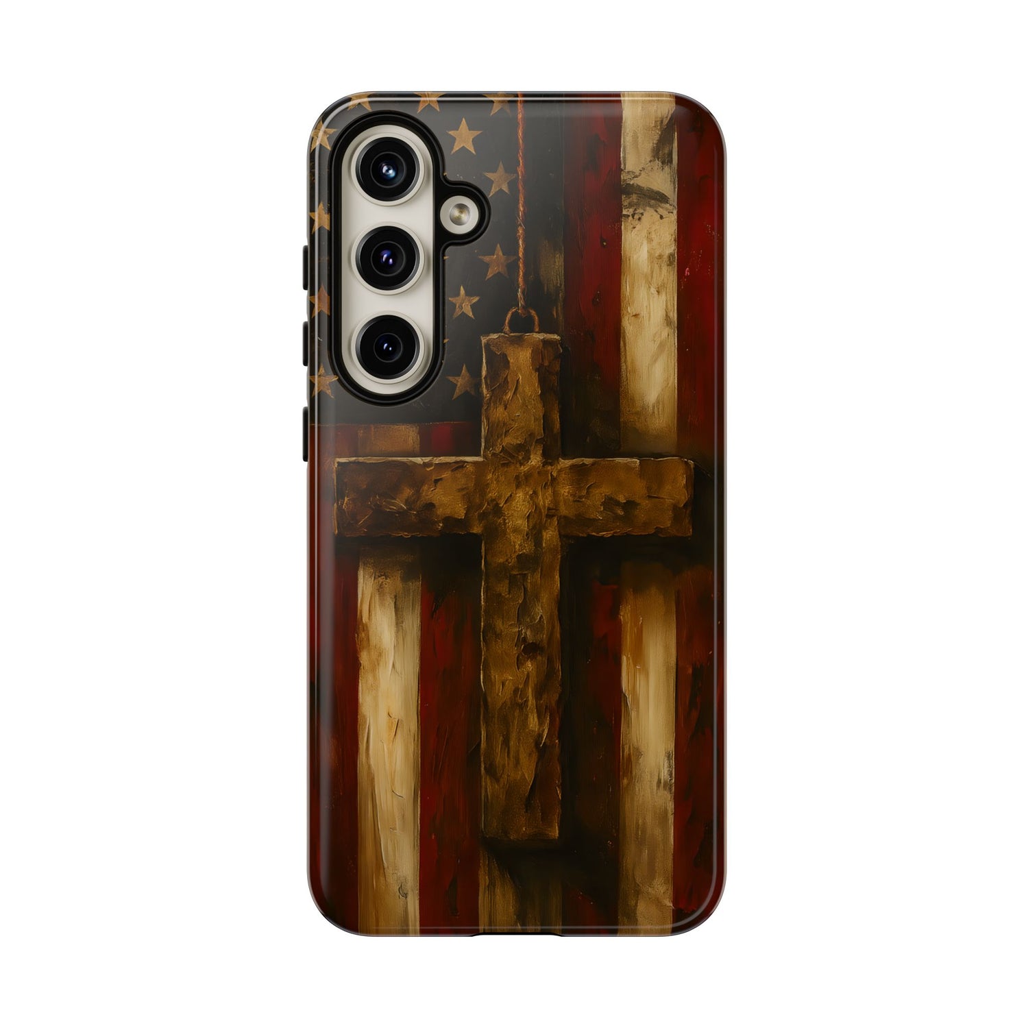 Forged in Faith Phone Case - Rustic Gold Cross &amp; American Flag | Patriotic Christian Case for iPhone, Samsung &amp; Pixel Samsung Galaxy S24 Plus Glossy