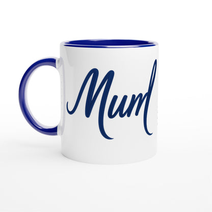 Mum Mug - Blue Brush Script Mug with Heart – Bold Blue Calligraphy 11oz Coffee Cup – Mother’s Day or Birthday Gift for Mum Ceramic Blue