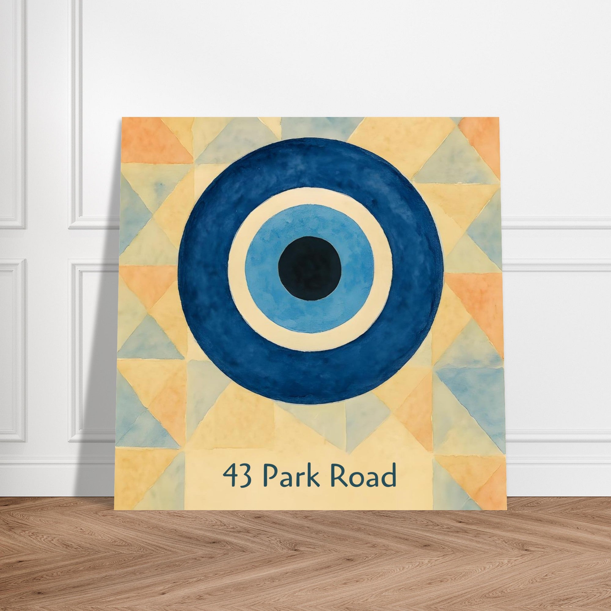 Custom Evil Eye Watercolor Poster | Personalized House Number Print | Geometric Nazar Wall Art, Unframed | ISO A1 A2 A3 A4 Sizes 35x35 cm 14x14″