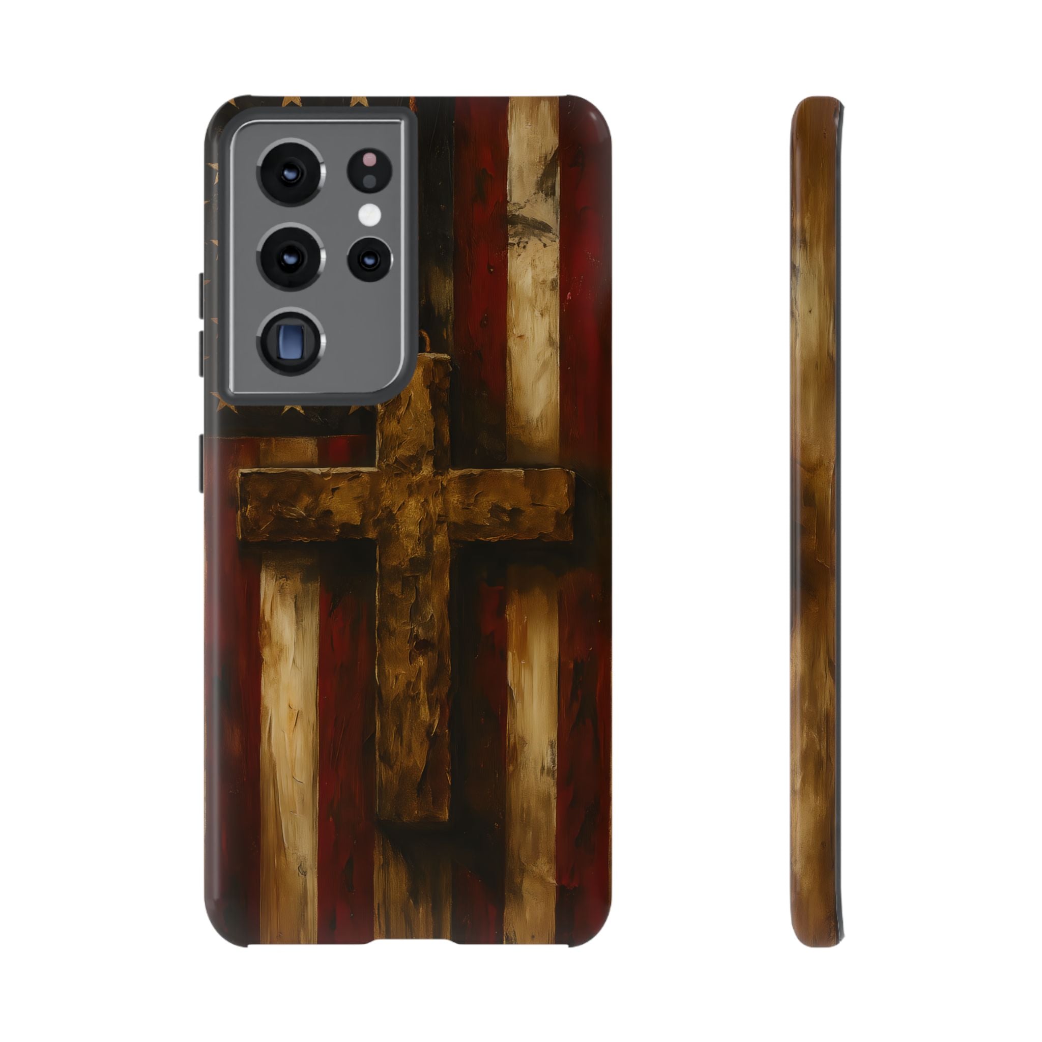 Forged in Faith Phone Case - Rustic Gold Cross &amp; American Flag | Patriotic Christian Case for iPhone, Samsung &amp; Pixel Samsung Galaxy S21 Ultra Glossy