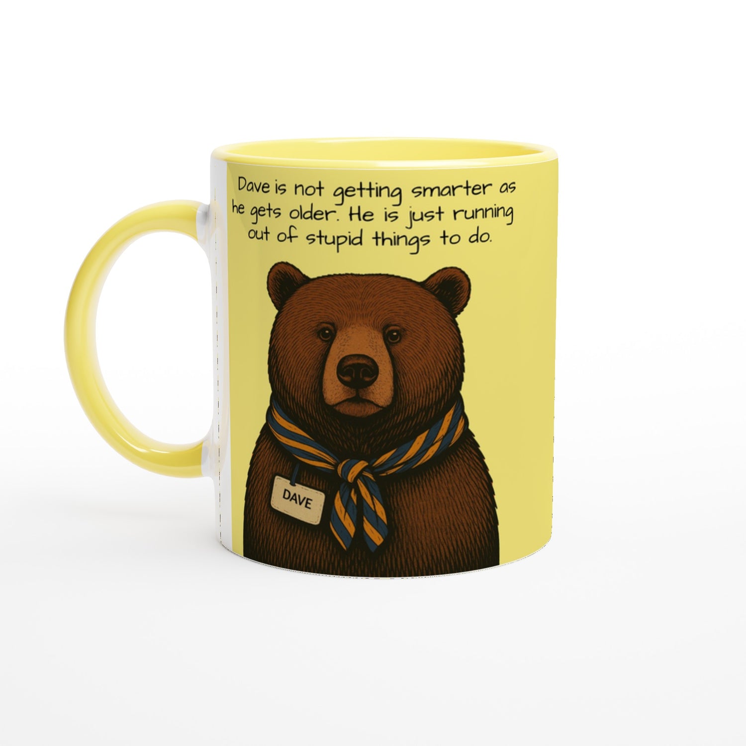 Wise Bear Mug – Vintage Bear Illustration with Scarf – Custom Bear Tag – Funny 11oz Coffee Mug – Gift for Him – Quirky Animal Lover Gift Ceramic Yellow