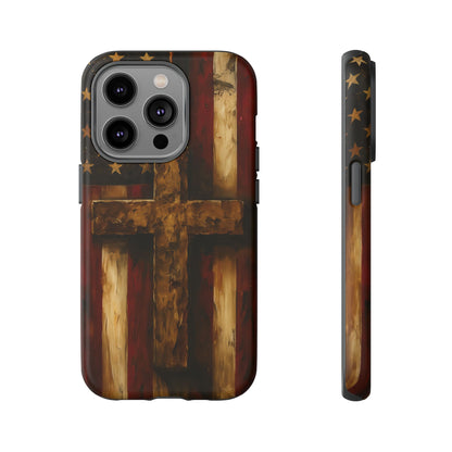 Forged in Faith Phone Case - Rustic Gold Cross &amp; American Flag | Patriotic Christian Case for iPhone, Samsung &amp; Pixel iPhone 14 Pro Matte