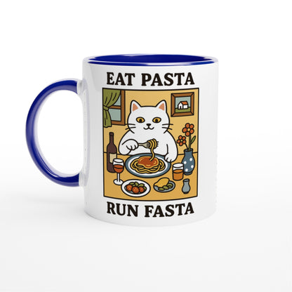 Eat Pasta Run Fasta Mug - Cute Cat Lover Gift - 11oz Ceramic Cup for Coffee &amp; Tea Ceramic Blue