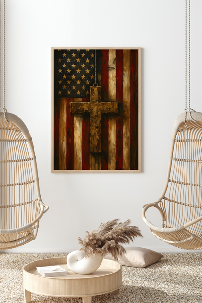 Christian Country Poster - American Flag &amp; Cross Wall Art | Patriotic Faith-Based Home Decor Print