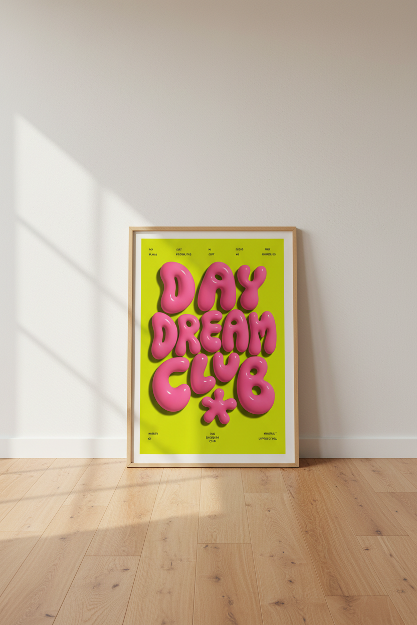 Daydream Club Wall Art | Pink 3D Bubble Letter Print, Modern Aesthetic Decor