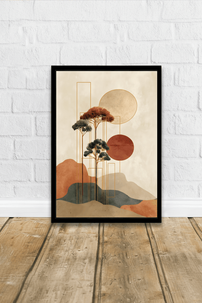 Minimalist Japanese Wall Art - Tranquil Abstract Landscape with Gold Accents