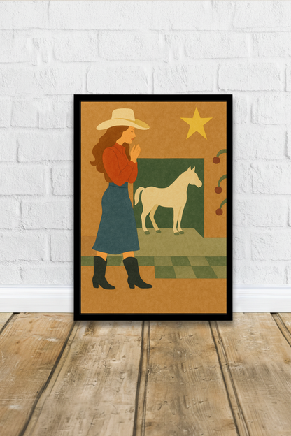 Cowgirl and Horse Wall Art Poster - Modern Western Folk Art Print | Rustic Ranch Decor