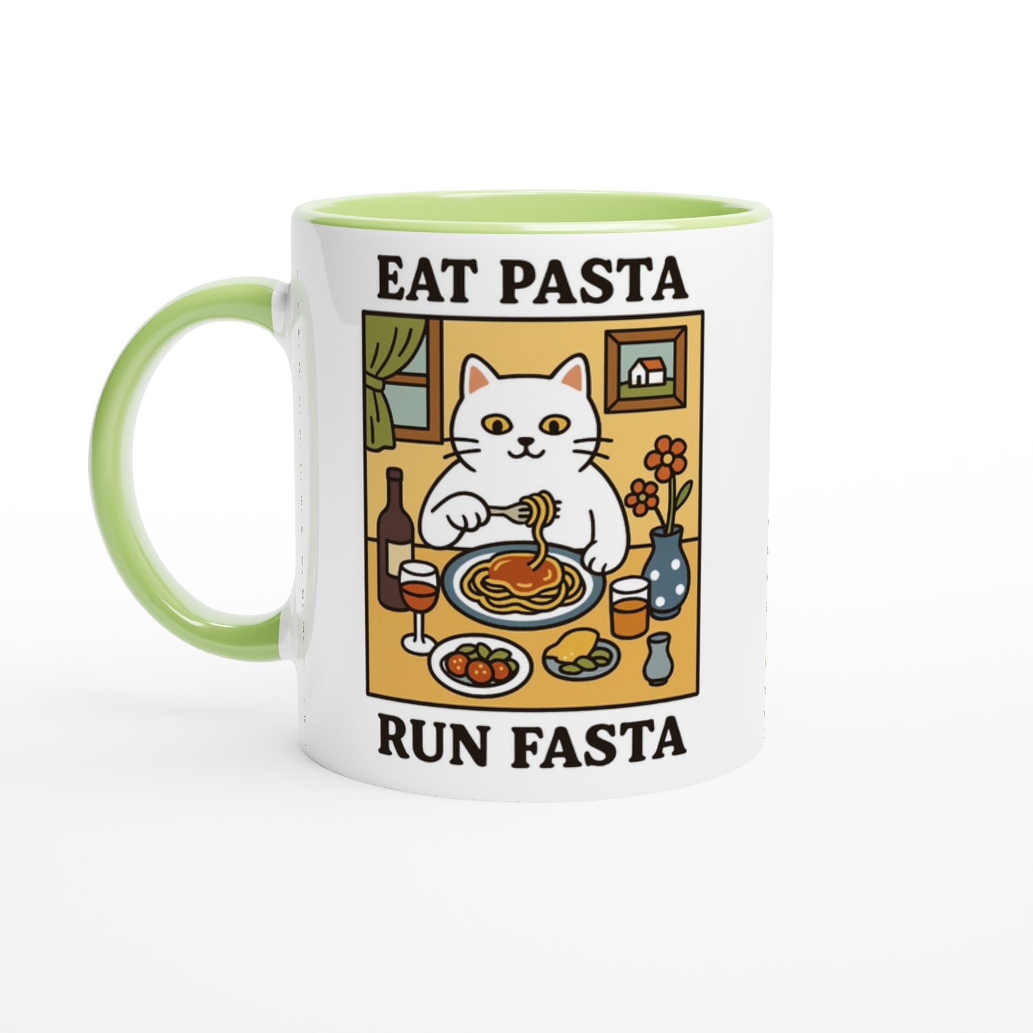 Eat Pasta Run Fasta Mug - Cute Cat Lover Gift - 11oz Ceramic Cup for Coffee &amp; Tea Ceramic Green
