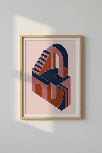 Isometric Architecture Art | Pink &amp; Navy Geometric Print, Pink Pastel Decor