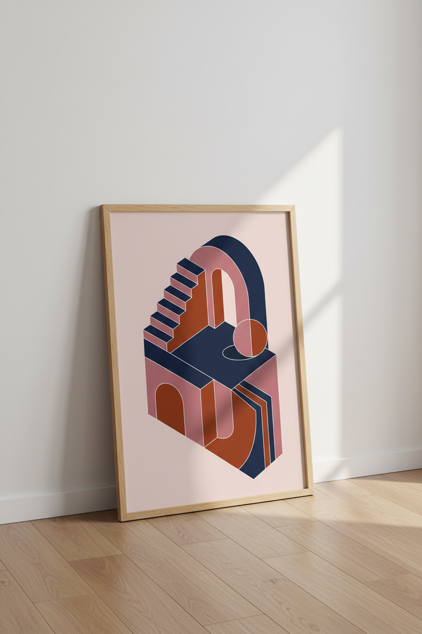 Isometric Architecture Art | Pink &amp; Navy Geometric Print, Pink Pastel Decor