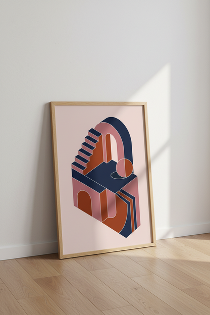 Isometric Architecture Art | Pink &amp; Navy Geometric Print, Pink Pastel Decor