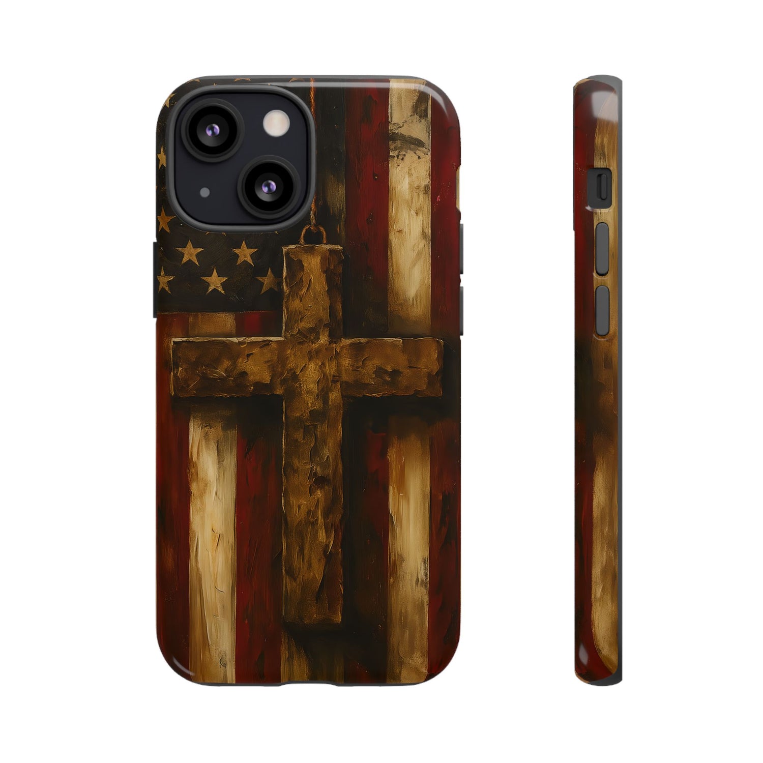 Forged in Faith Phone Case - Rustic Gold Cross &amp; American Flag | Patriotic Christian Case for iPhone, Samsung &amp; Pixel iPhone 13 Mini Glossy
