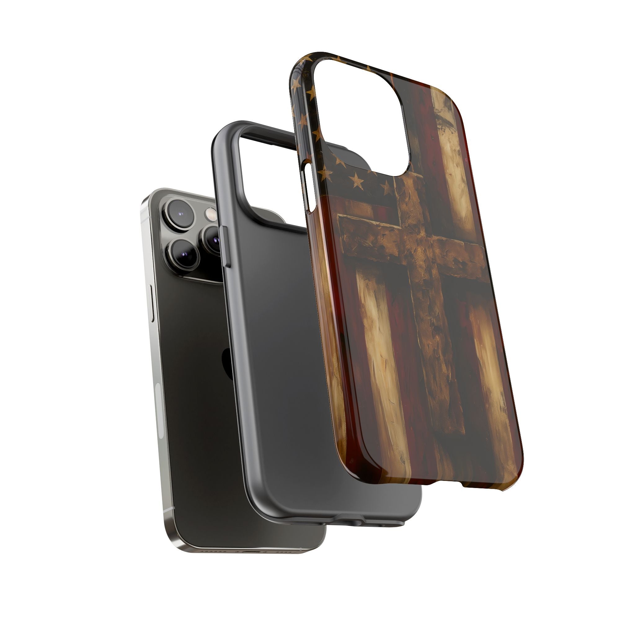 Forged in Faith Phone Case - Rustic Gold Cross &amp; American Flag | Patriotic Christian Case for iPhone, Samsung &amp; Pixel