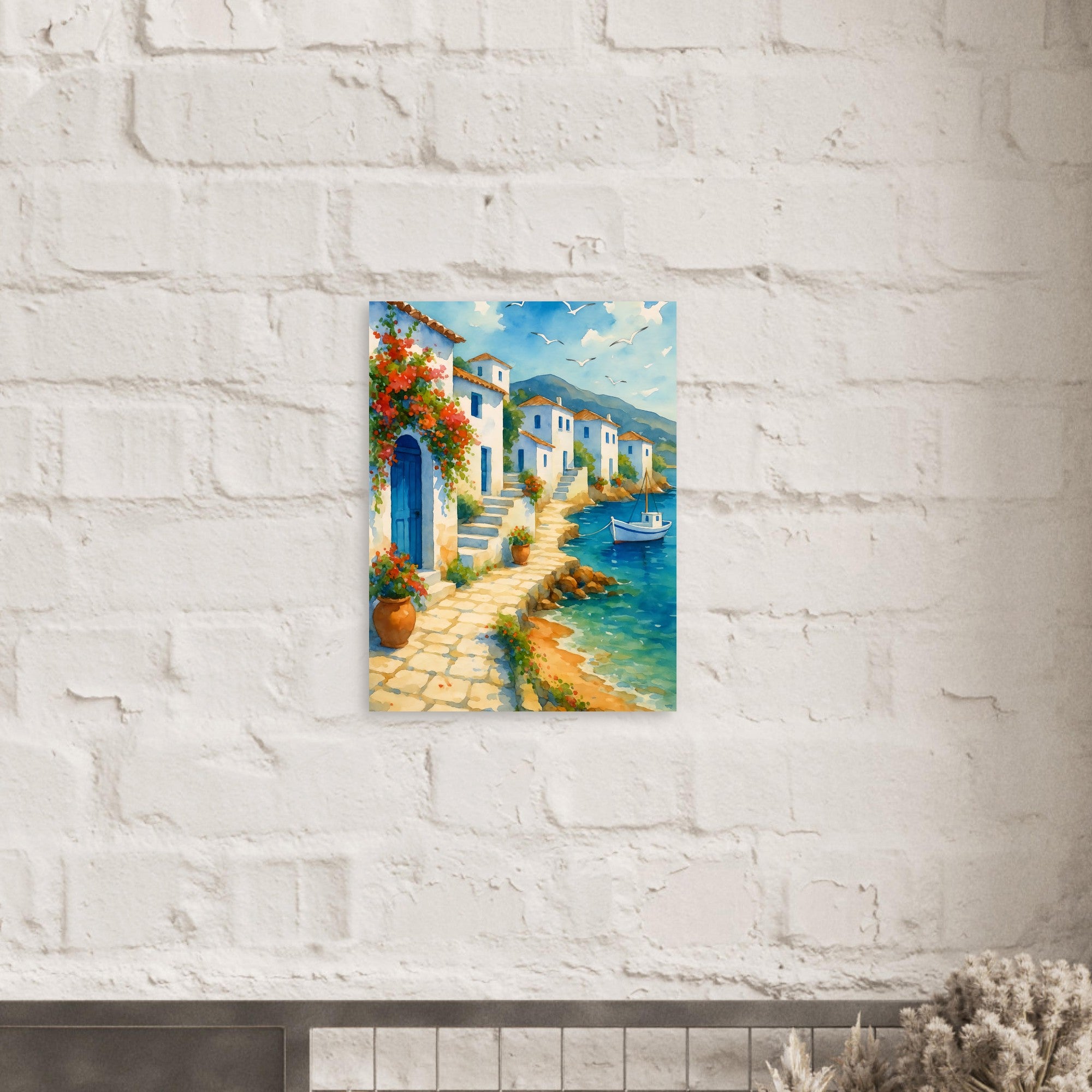 Greek Coastline Watercolor Poster | Mediterranean Seaside Art Print | Unframed Coastal Decor 45x60 cm 18x24″