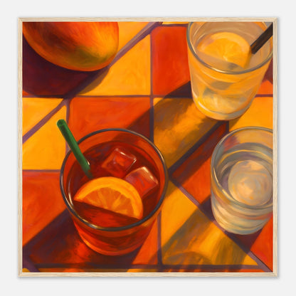 Vibrant Mango &amp; Citrus Still Life Poster - Warm Tile Aesthetic Wall Art - Wooden Framed Poster 70x70 cm 28x28″ Wood frame