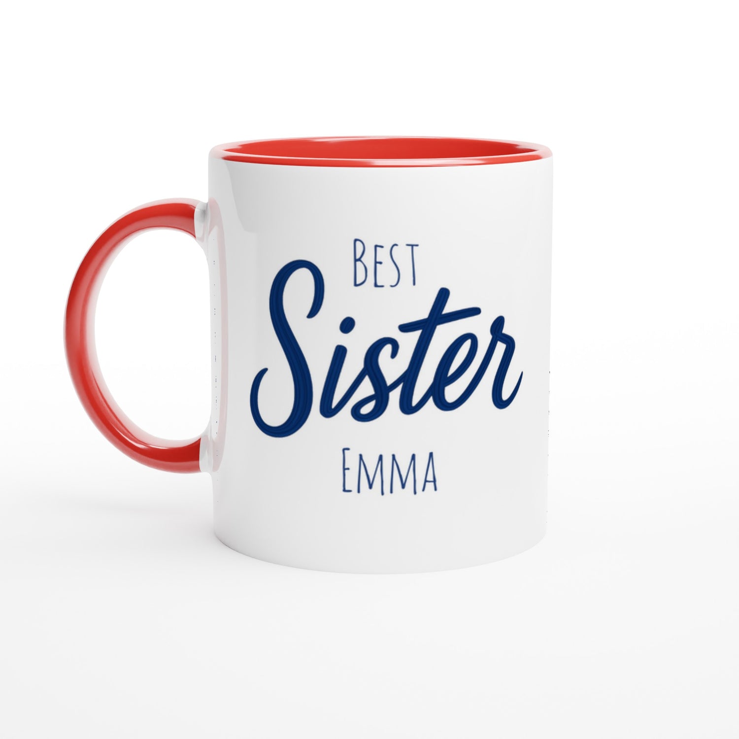 Sister Mug - Blue Brush Script Mug with Heart – Elegant Blue Calligraphy 11oz Coffee Cup – Gift for Sister, Birthday or Everyday Surprise