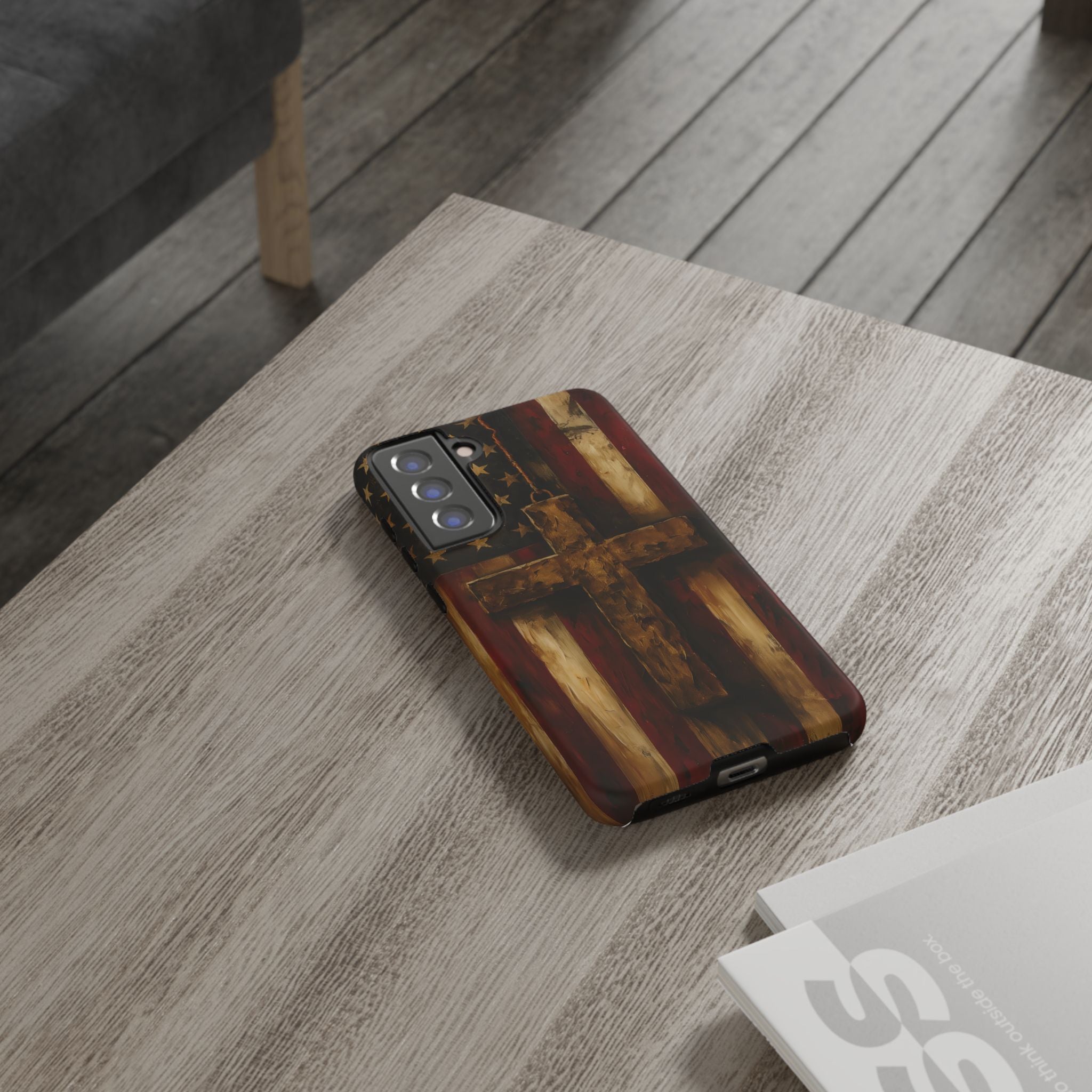 Forged in Faith Phone Case - Rustic Gold Cross &amp; American Flag | Patriotic Christian Case for iPhone, Samsung &amp; Pixel