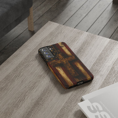 Forged in Faith Phone Case - Rustic Gold Cross &amp; American Flag | Patriotic Christian Case for iPhone, Samsung &amp; Pixel
