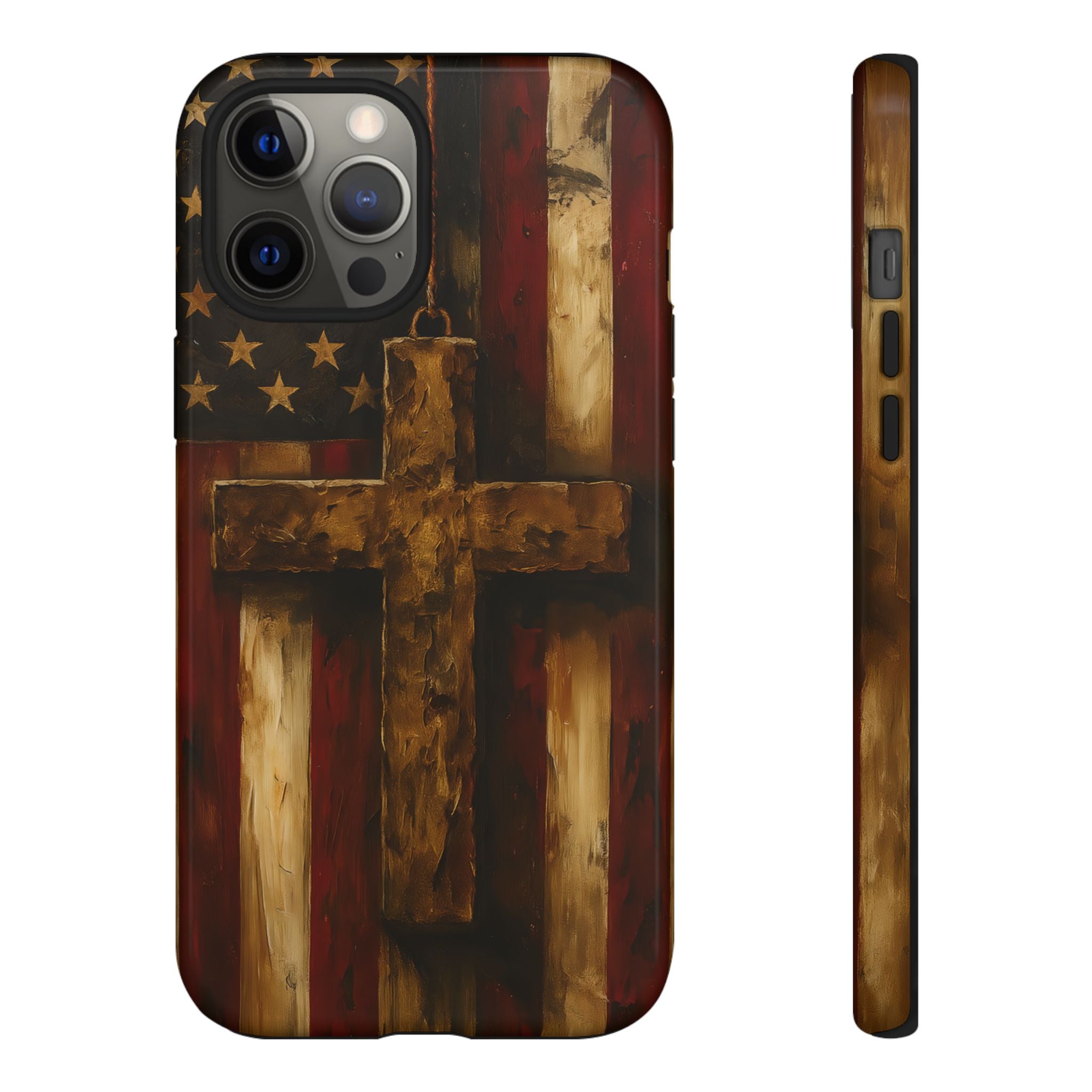 Forged in Faith Phone Case - Rustic Gold Cross &amp; American Flag | Patriotic Christian Case for iPhone, Samsung &amp; Pixel iPhone 12 Pro Max Glossy