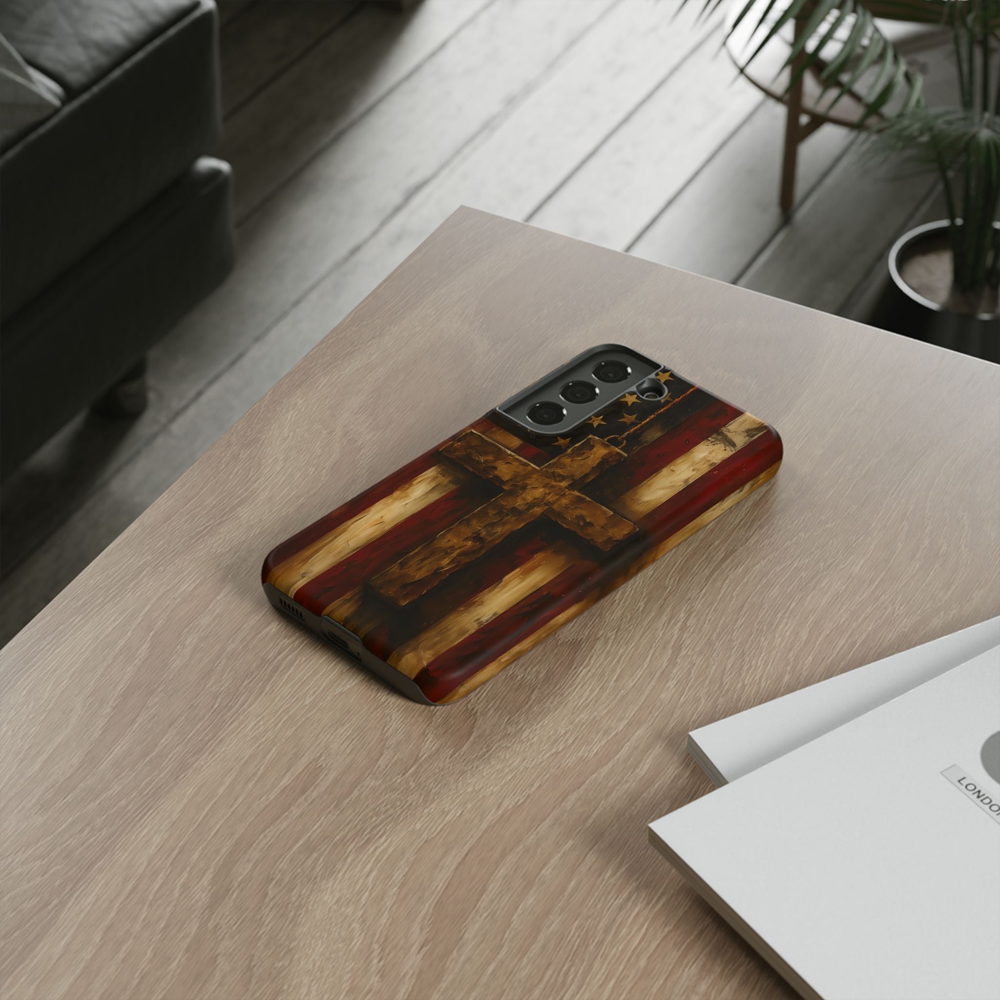 Forged in Faith Phone Case - Rustic Gold Cross &amp; American Flag | Patriotic Christian Case for iPhone, Samsung &amp; Pixel