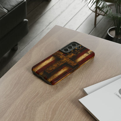 Forged in Faith Phone Case - Rustic Gold Cross &amp; American Flag | Patriotic Christian Case for iPhone, Samsung &amp; Pixel