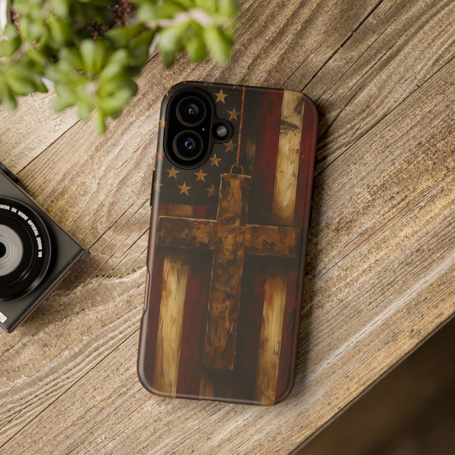 Forged in Faith Phone Case - Rustic Gold Cross &amp; American Flag | Patriotic Christian Case for iPhone, Samsung &amp; Pixel