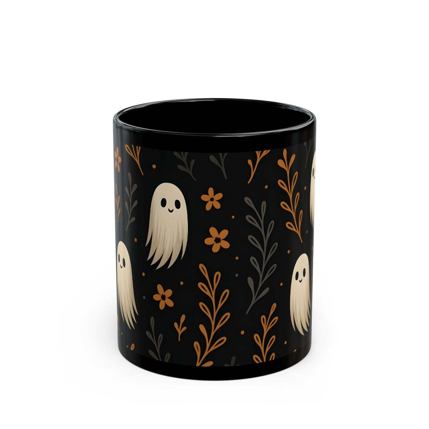 Cute Ghost Floral Black Mug - Halloween Coffee Cup | Spooky Kawaii Ceramic Mug Gift for Tea &amp; Coffee Lovers