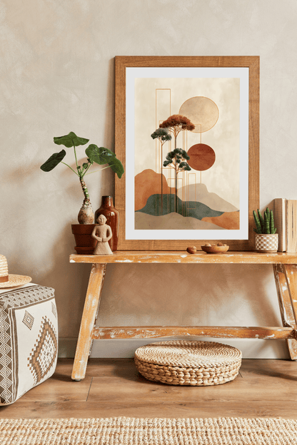 Minimalist Japanese Wall Art - Tranquil Abstract Landscape with Gold Accents