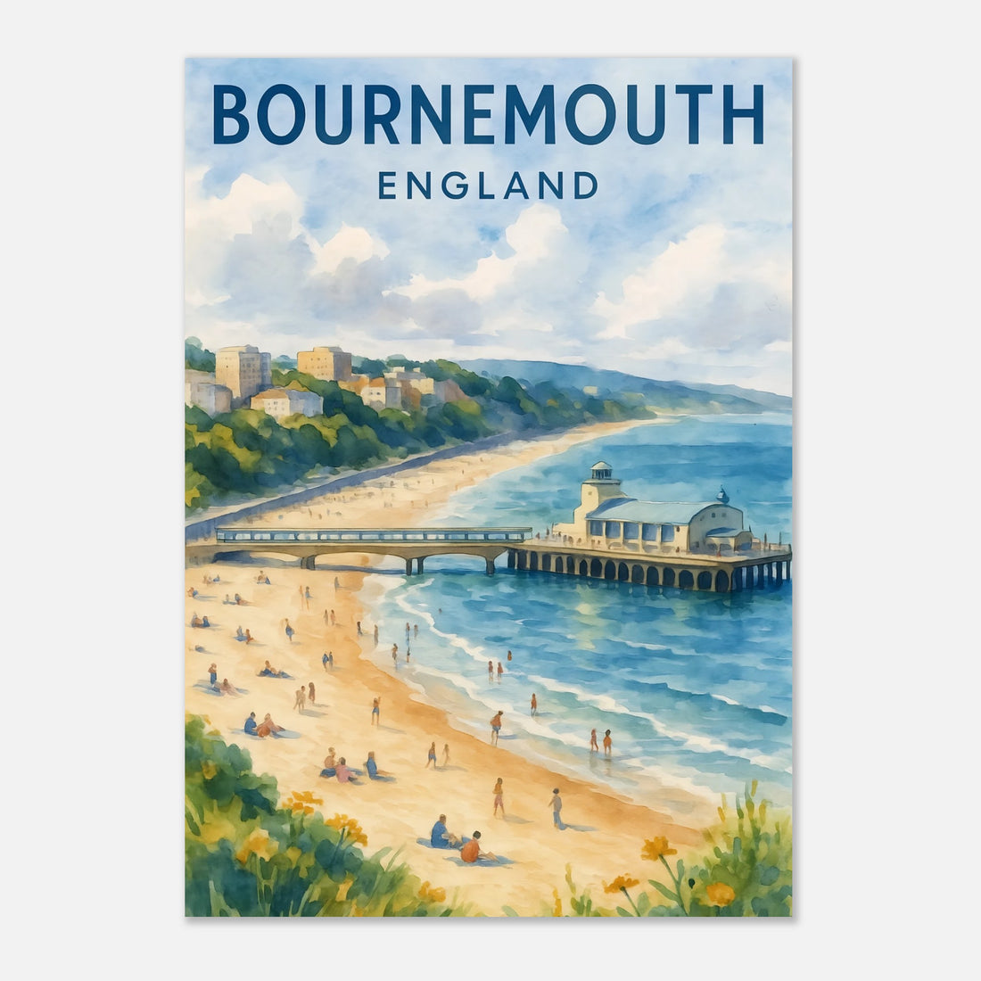 Bournemouth England Watercolor Poster: Dorset Travel Print, FSC Matte Paper 21x29.7 cm 8x12"