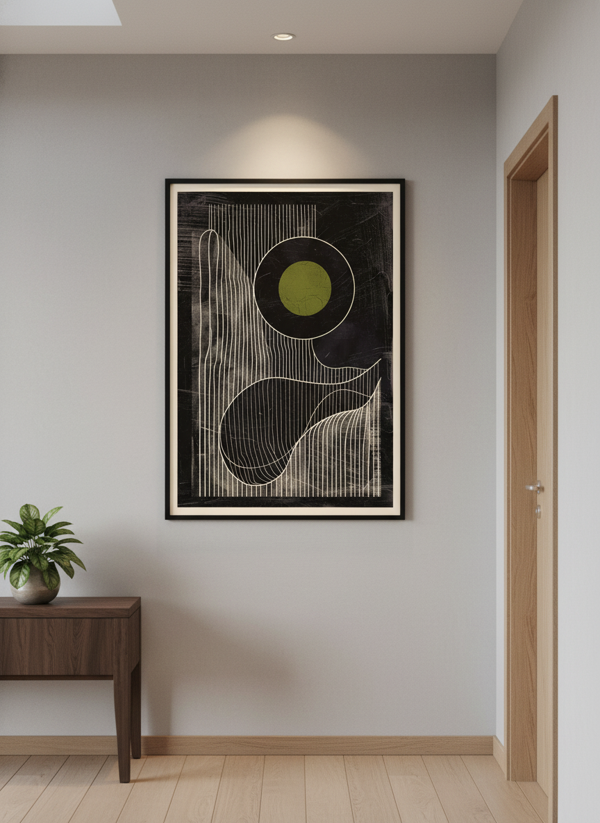 Olive Eclipse: Linear Noir Abstraction - Modern Minimalist Wall Art Print