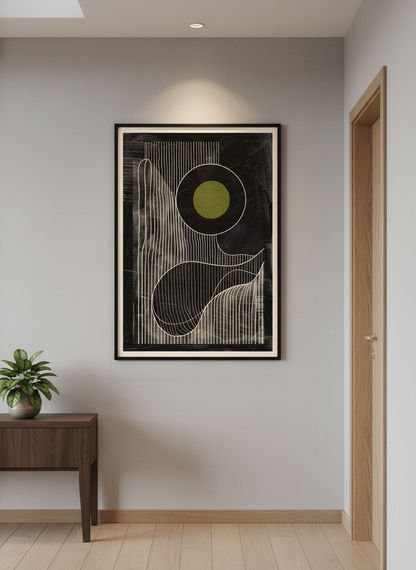 Olive Eclipse: Linear Noir Abstraction - Modern Minimalist Wall Art Print