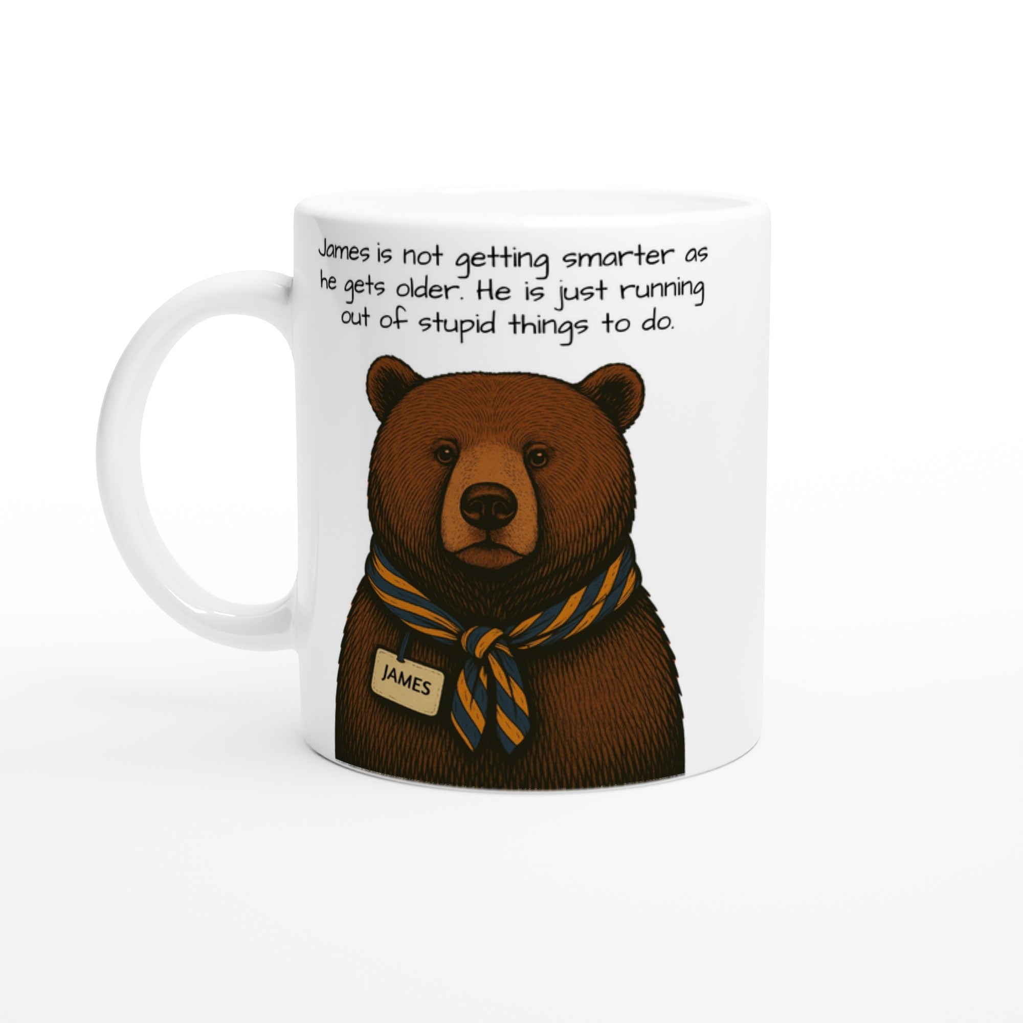 Wise Bear Mug – Vintage Bear Illustration with Scarf – Custom Bear Tag – Funny 11oz Coffee Mug – Gift for Him – Quirky Animal Lover Gift Ceramic White