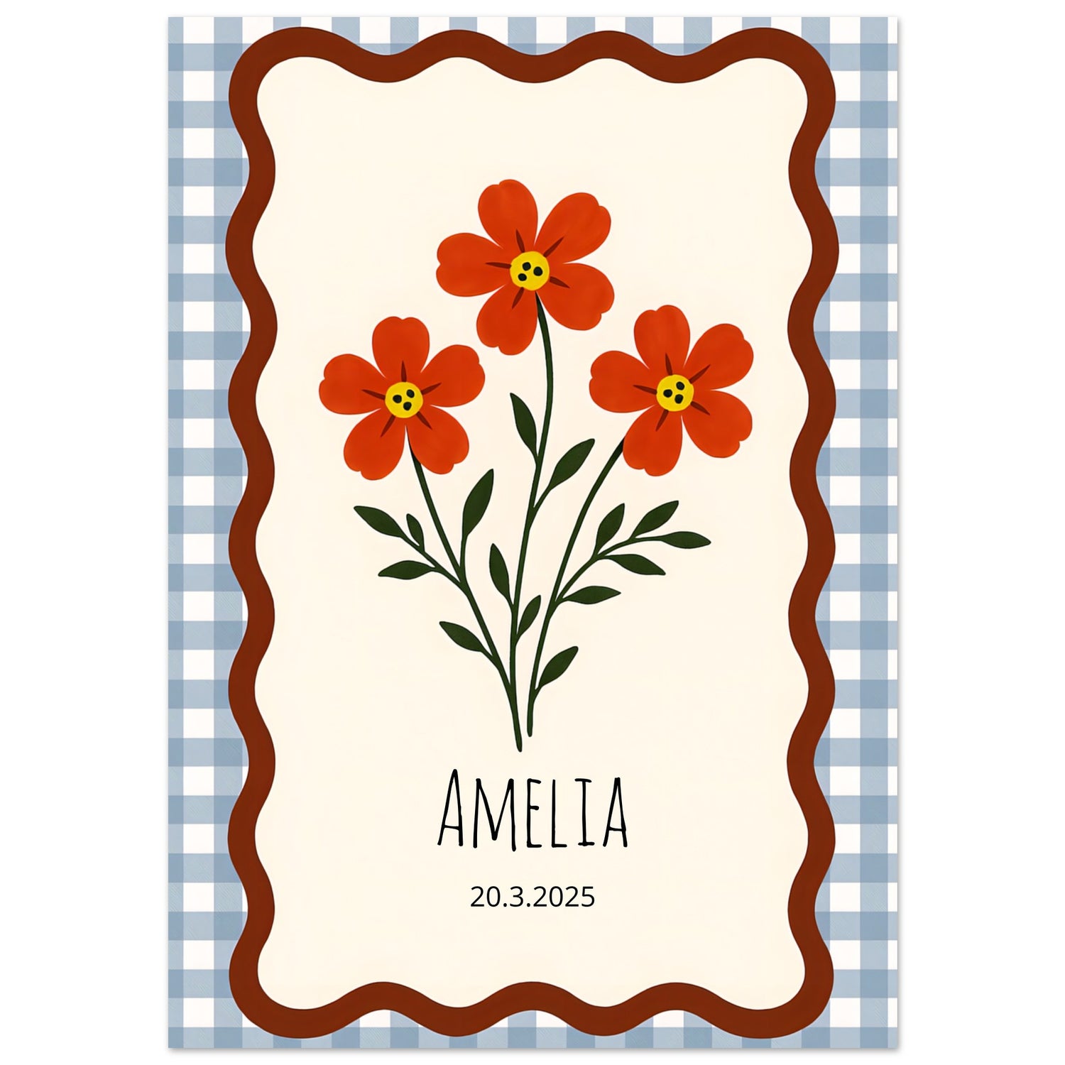 Personalized Nursery Poster – Red-Orange Floral Print, Gingham Nursery Print, Wall Art Decor A3 (29.7 x 42 cm)