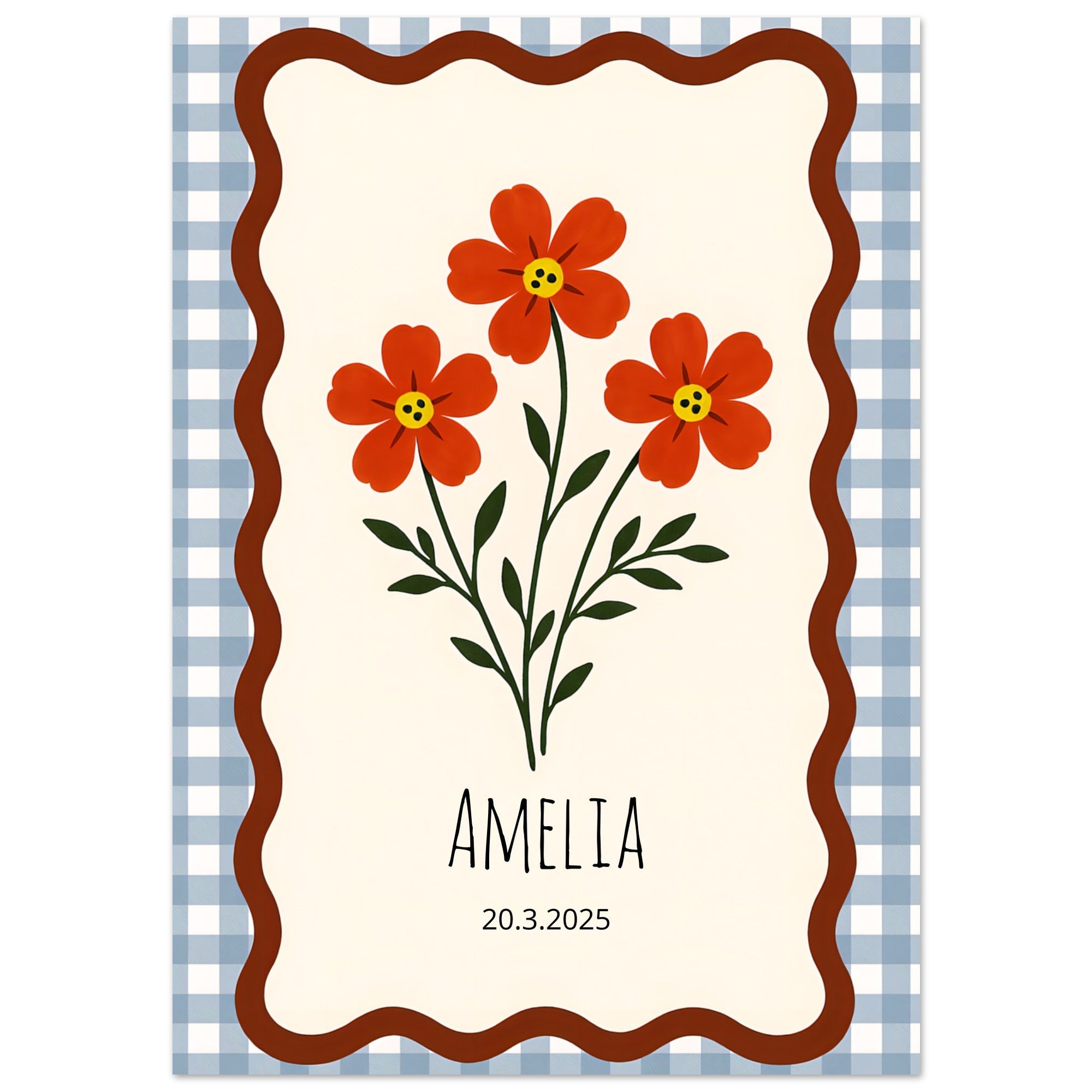 Personalized Nursery Poster – Red-Orange Floral Print, Gingham Nursery Print, Wall Art Decor A3 (29.7 x 42 cm)