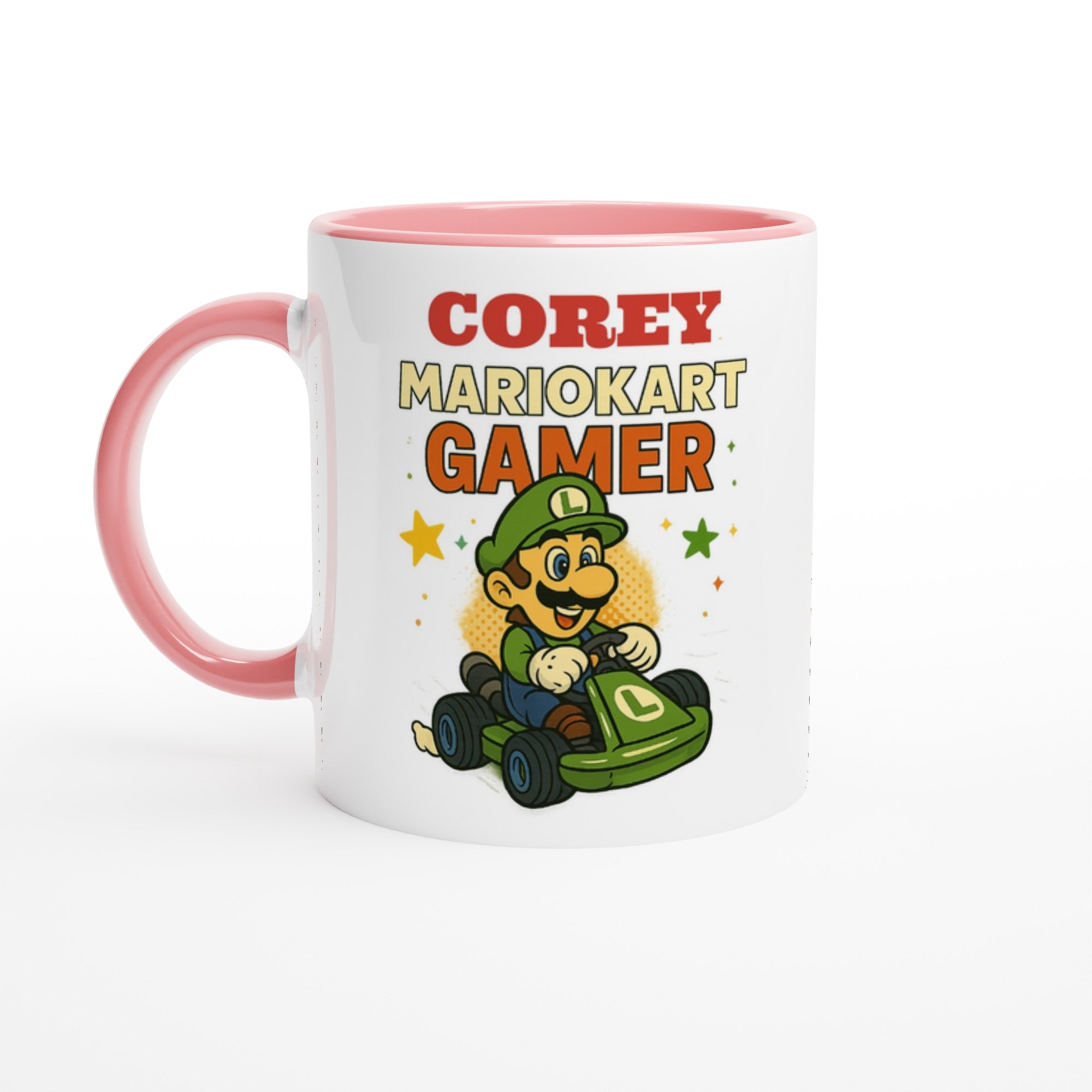 Personalized Mario Kart Gamer Mug - Luigi Mug - Funny Gift for Gamers - 11oz Ceramic Coffee Cup Ceramic Pink