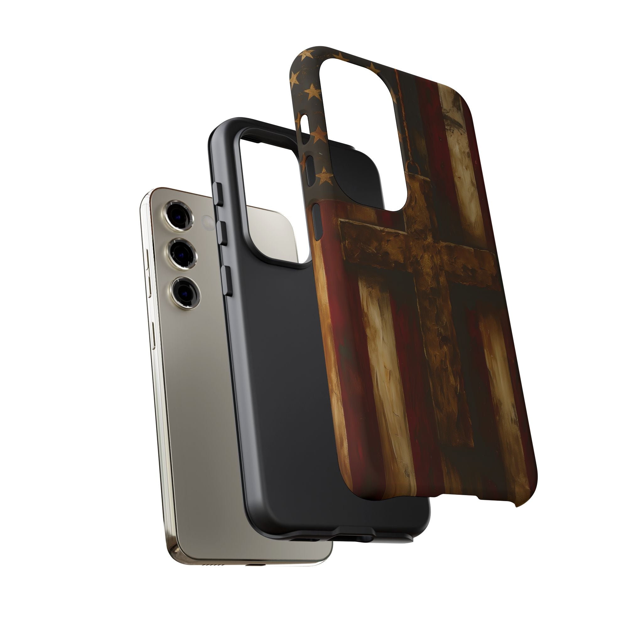 Forged in Faith Phone Case - Rustic Gold Cross &amp; American Flag | Patriotic Christian Case for iPhone, Samsung &amp; Pixel