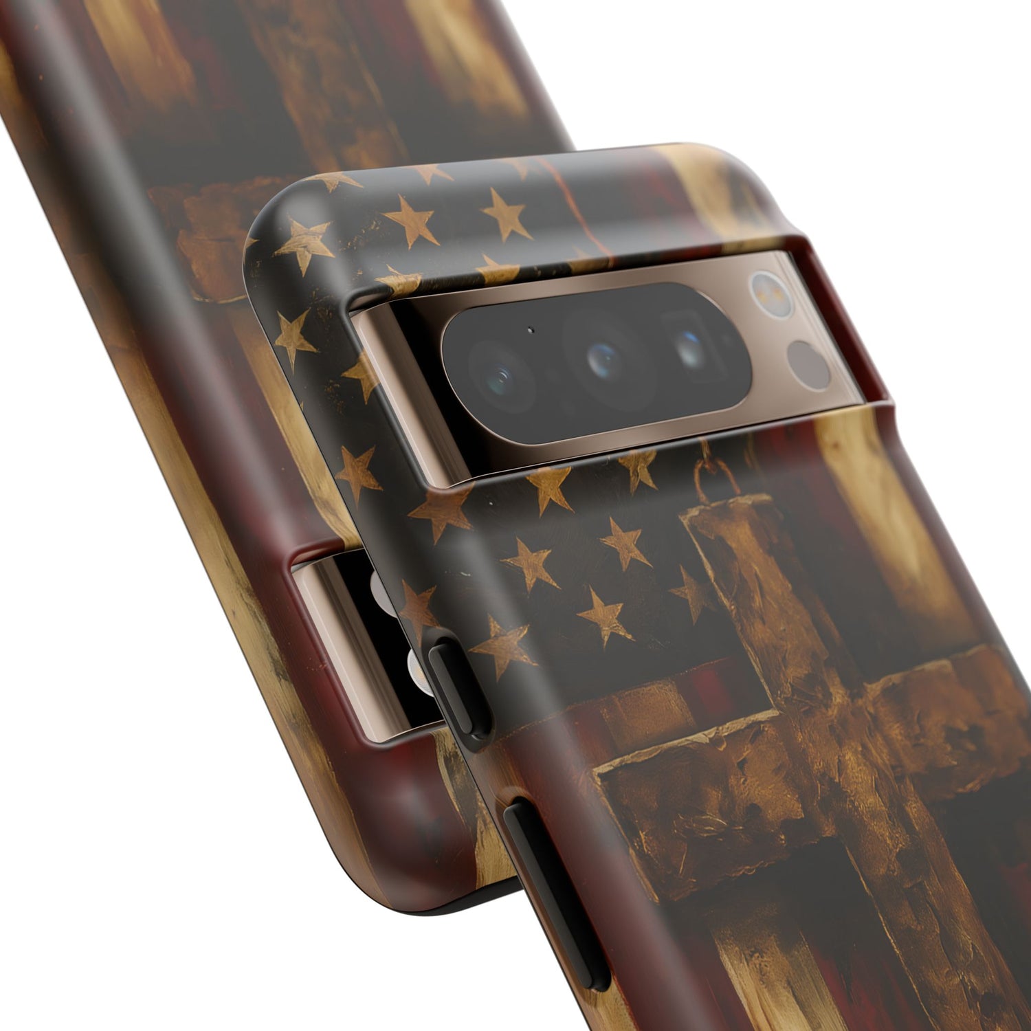 Forged in Faith Phone Case - Rustic Gold Cross &amp; American Flag | Patriotic Christian Case for iPhone, Samsung &amp; Pixel