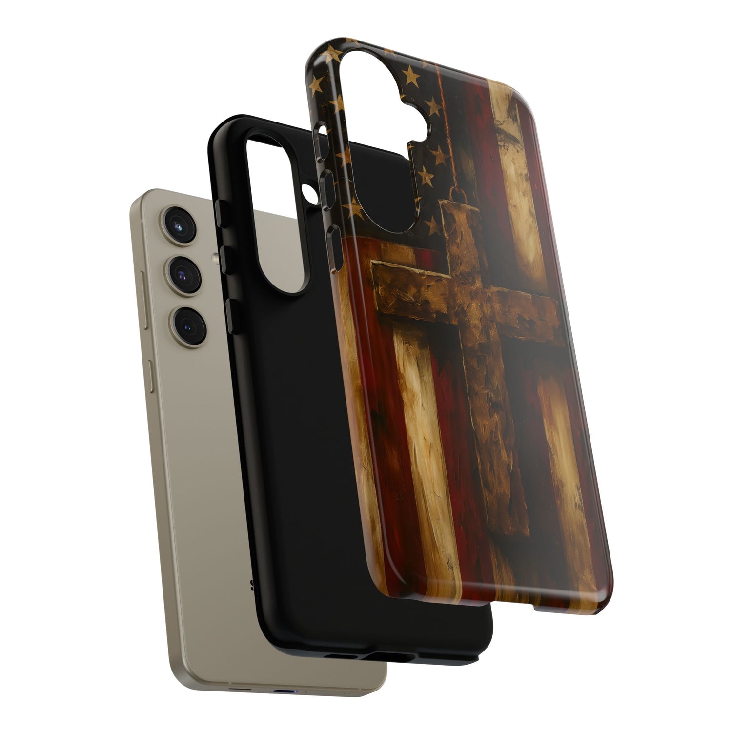 Forged in Faith Phone Case - Rustic Gold Cross &amp; American Flag | Patriotic Christian Case for iPhone, Samsung &amp; Pixel