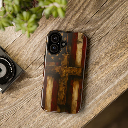 Forged in Faith Phone Case - Rustic Gold Cross &amp; American Flag | Patriotic Christian Case for iPhone, Samsung &amp; Pixel