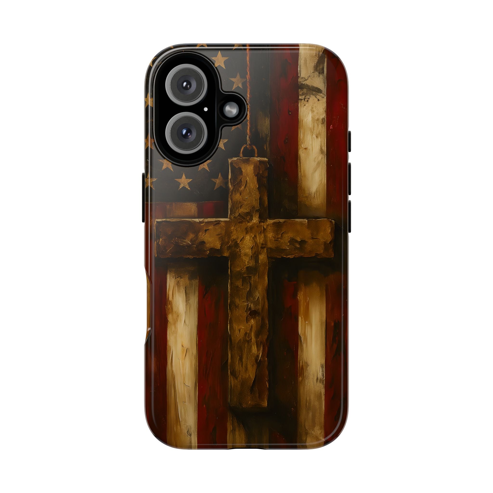 Forged in Faith Phone Case - Rustic Gold Cross &amp; American Flag | Patriotic Christian Case for iPhone, Samsung &amp; Pixel iPhone 16 Glossy