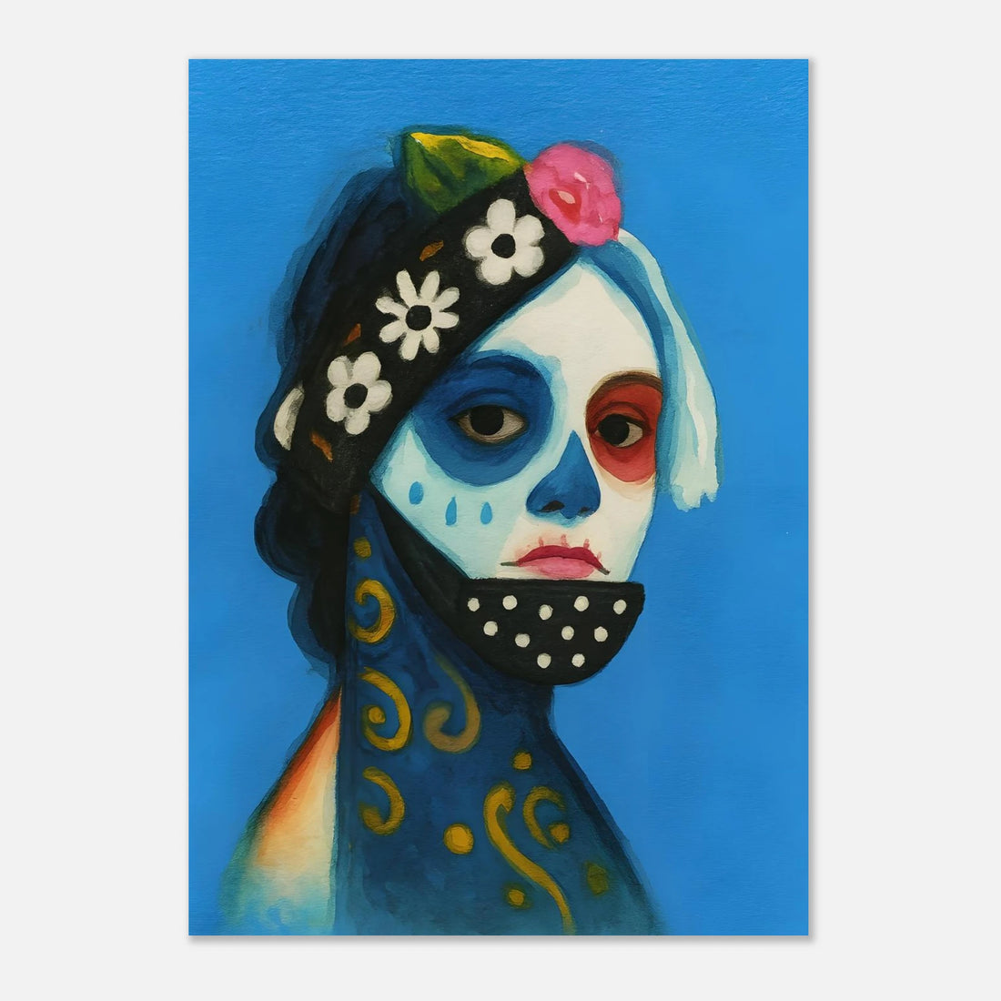 Day of the Dead Watercolor Portrait, Día de los Muertos Masked Woman Wall Art, Mexican Folk Art A3 Print, Skeleton Face Painting Poster 21x29.7 cm 8x12"