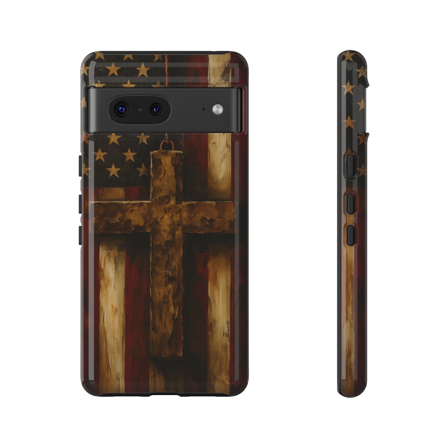Forged in Faith Phone Case - Rustic Gold Cross &amp; American Flag | Patriotic Christian Case for iPhone, Samsung &amp; Pixel Google Pixel 7 Glossy