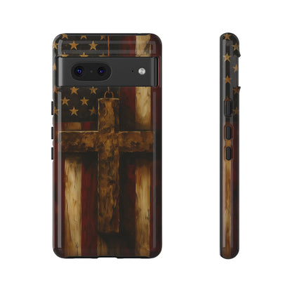 Forged in Faith Phone Case - Rustic Gold Cross &amp; American Flag | Patriotic Christian Case for iPhone, Samsung &amp; Pixel Google Pixel 7 Glossy