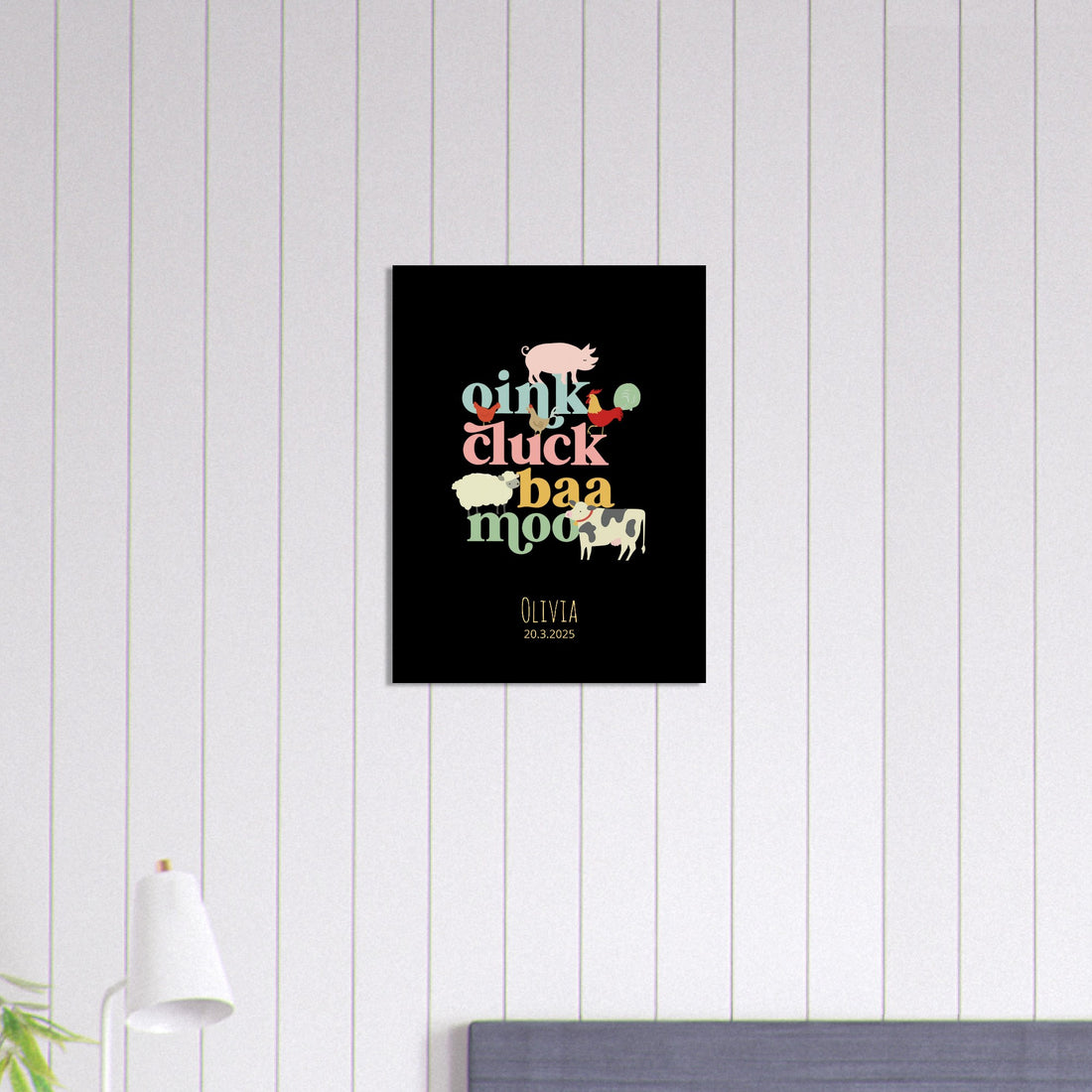 Oink Cluck Baa Moo Personalized Farm Print - Cute Nursery Wall Art Poster - Black 45x60 cm 18x24″